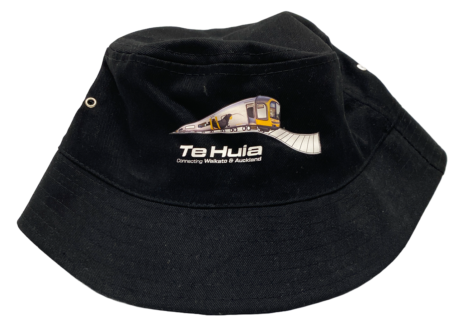 Image of a black bucket hat with Te Huia on the front