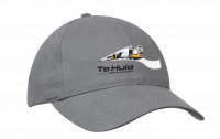 A photo of a grey cap with a train on the front