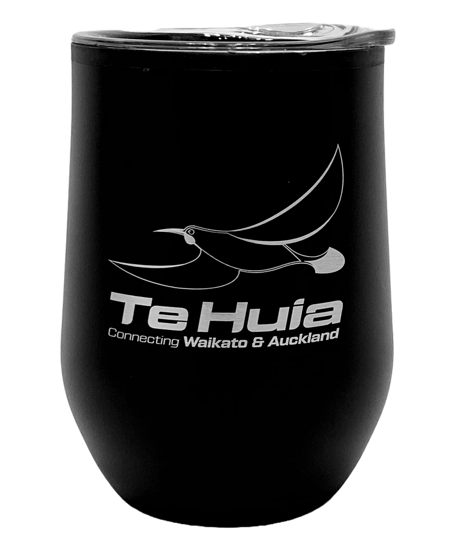 A photo of a black reusable cup with Te Huia on the front